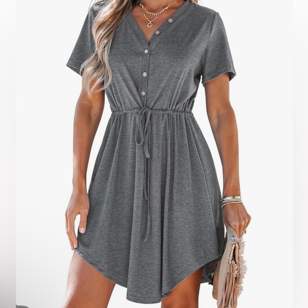 Cupshe Charcoal Gray Asymmetrical Short Sleeve Drawstring Dress